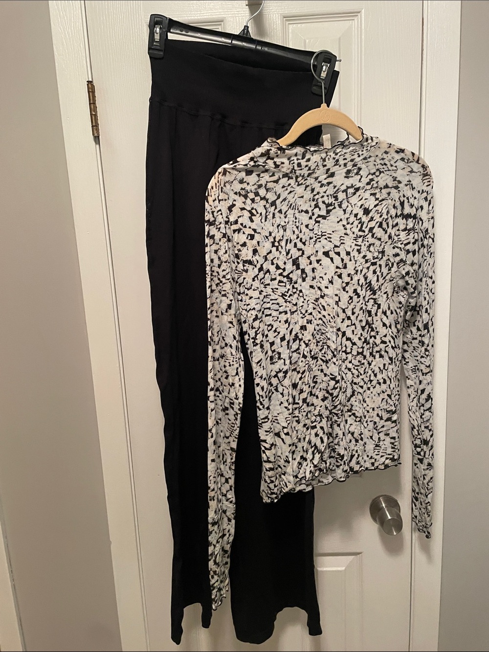 Black Wide-Leg Pants with Black & White Abstract Long-Sleeve Top